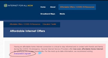 Screenshot of ‘Affordable Internet Offers’ Page. After Clicking on Affordable Offers/COVID-19 Resources tab, should be directed to ‘Affordable Internet Offers’ Page 