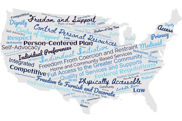 A word cloud in the shape of the United States displays terms related to disability rights, such as "Dignity," "Freedom," "Support," "Privacy," "Person-Centered Plan," and "Federal Regulations.