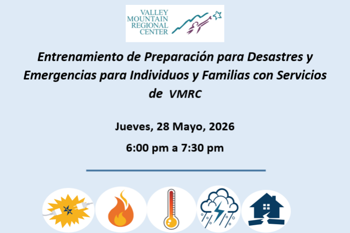 Promotional flyer for a disaster and emergency preparedness training by Valley Mountain Regional Center on May 28, 2026, with related emergency icons at the bottom.