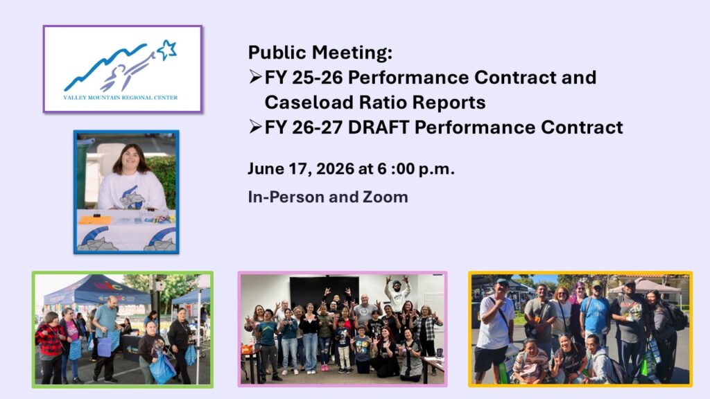 Announcement for a public meeting on June 17, 2026, about performance contracts and caseload ratio reports, with images of groups and individuals at various events.