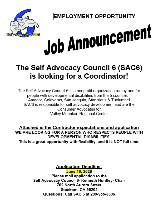 Job announcement flyer seeking a coordinator for Self Advocacy Council 6, with application instructions and a deadline of June 19, 2026.