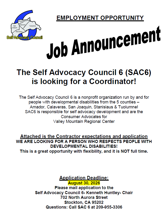 Job announcement flyer for Self Advocacy Council 6 seeking a coordinator to work with people with developmental disabilities; application deadline is August 30, 2026.