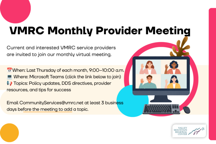 Announcement for VMRC Monthly Provider Meeting with schedule, topics, and contact details; illustration of a virtual meeting on a computer screen.