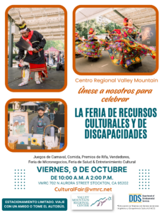Flyer with photos of cultural dancers, event details for a cultural and disability resource fair in Stockton, CA, including date, time, location, and contact information.