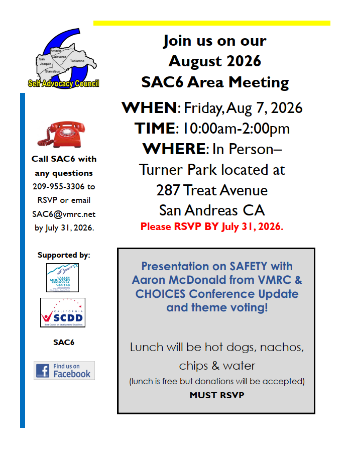 Flyer for SAC6 Area Meeting on August 7, 2026, at Turner Park, San Andreas, CA; event includes safety presentation, lunch, and requires RSVP by July 31, 2026.