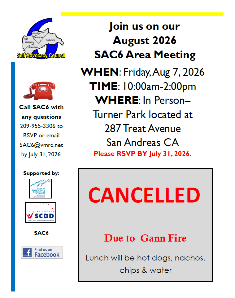 Flyer announcing the cancellation of the August 2026 SAC6 Area Meeting due to Gann Fire; event details and RSVP info are included, with lunch menu listed.