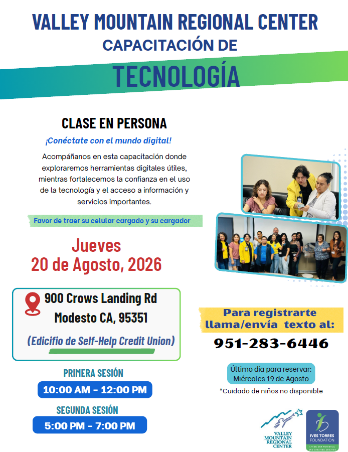 Flyer for an in-person technology class in Modesto, CA on August 20, 2026; includes registration info, time, address, and a photo of diverse people using devices.