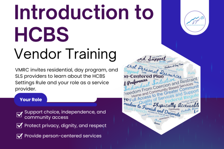 Slide titled “Introduction to HCBS Vendor Training” with brief training details, a list of provider roles, and a decorative hexagon with words related to HCBS inside it.