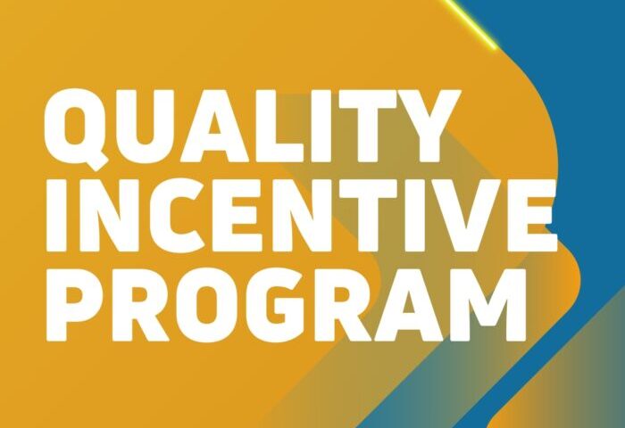 White text reading “Quality Incentive Program” appears on a yellow and blue geometric background with sharp angled shapes.