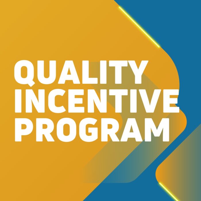 White text reading “Quality Incentive Program” appears on a yellow and blue geometric background with sharp angled shapes.