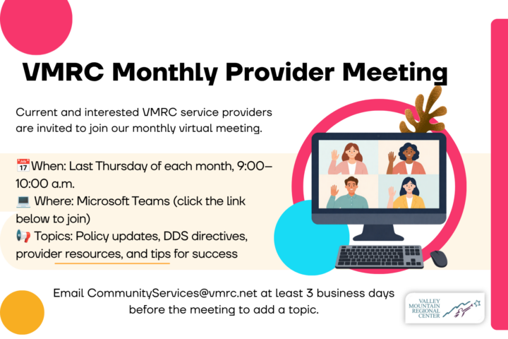Flyer for VMRC Monthly Provider Meeting with details on date, time, virtual platform, discussion topics, and contact email. Features an illustration of a virtual meeting.