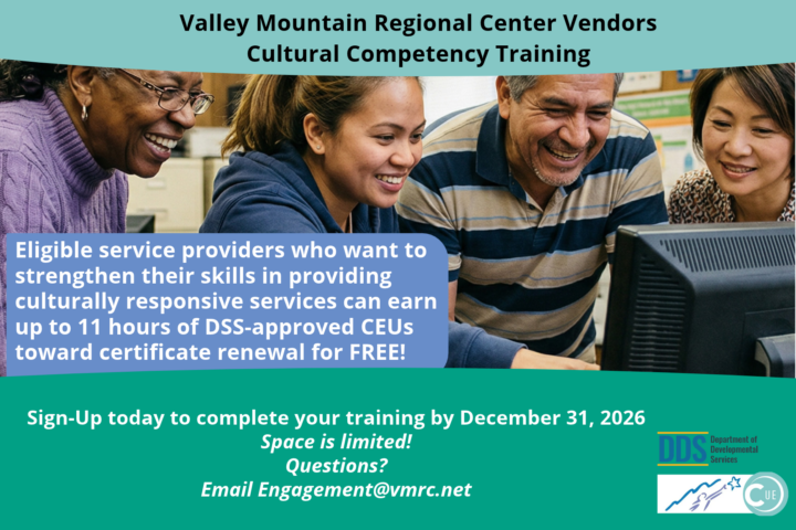 Four adults of diverse backgrounds work together at a table; informational text describes free CEU training for service providers on cultural competency by Valley Mountain Regional Center.
