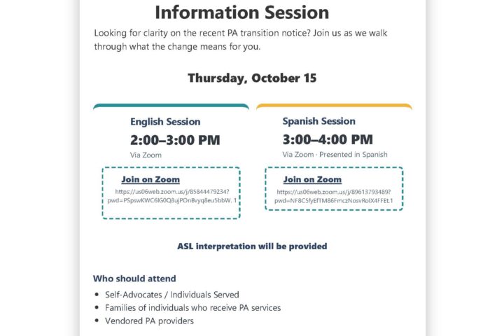 Flyer for a Valley Mountain Regional Center Personal Assistance Service Code Transition Information Session on October 15, featuring Zoom links for English and Spanish sessions and ASL interpretation.