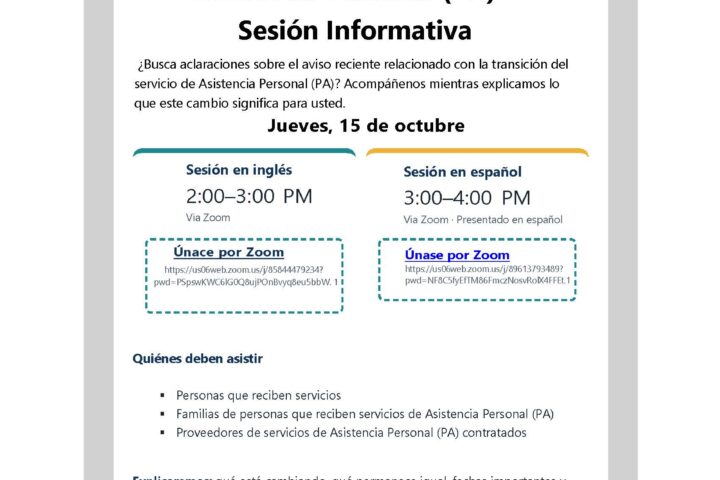 Flyer for a Valley Mountain Regional Center informational session on October 15 regarding the Personal Assistance service code transition, including Zoom links for English and Spanish sessions.